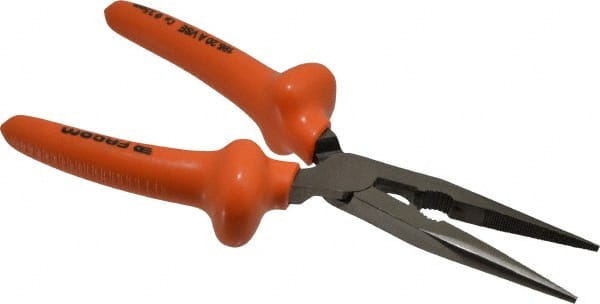 Facom - 8-9/32" OAL, 2-23/32" Jaw Length x 1-3/8" Jaw Width, Long Nose Side Cutting Burnished Insulated Pliers - Serrated Jaw, Half Round Nose Head, Plastic Coated Handles - Exact Tooling
