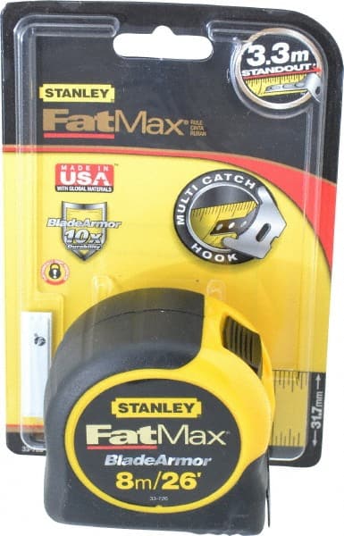 Stanley - 26' x 1-1/4" Yellow Blade Tape Measure - 1/32 & 1/16" & 1mm Graduation, Inch/Metric Graduation Style, Yellow/Black Case - Exact Tooling