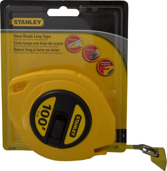Stanley - 100' x 3/8" Yellow Blade Tape Measure - 1/8" Graduation, Inch Graduation Style, Yellow Case - Exact Tooling
