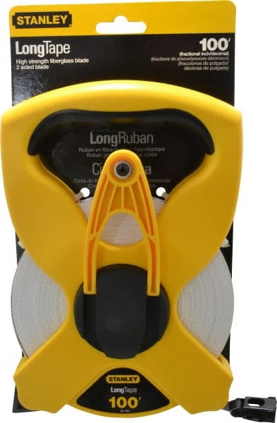 Stanley - 100' x 1/2" Tape Measure - 1/8" & 1/100 & 1/10' Graduation, Engineer Scale Graduation Style, Yellow/Black Case - Exact Tooling
