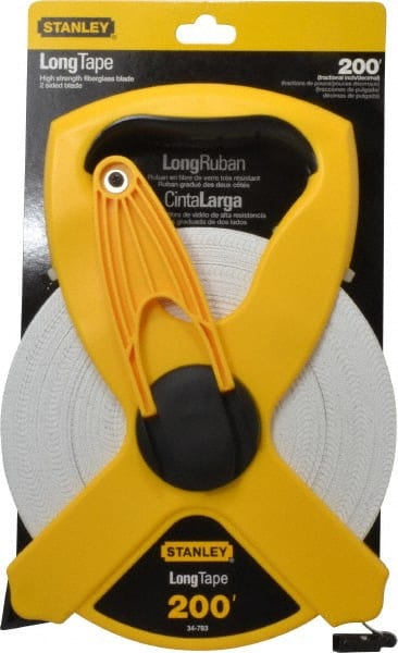 Stanley - 200' x 1/2" Tape Measure - 1/8" & 1/100 & 1/10' Graduation, Engineer Scale Graduation Style, Yellow/Black Case - Exact Tooling
