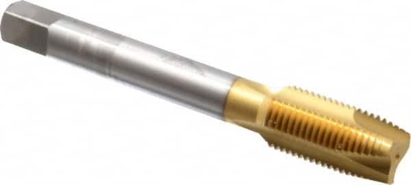OSG - 1/2-20 UNF, 3 Flute, TiN Finish, High Speed Steel Spiral Point Tap - Plug Chamfer, Right Hand Thread, 3-3/8" OAL, 1-21/32" Thread Length, 0.367" Shank Diam, 2B Class of Fit, Series 288 - Exact Tooling