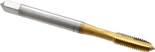 OSG - M5x0.80 Metric Coarse, 2 Flute, TiN Finish, High Speed Steel Spiral Point Tap - Plug Chamfer, Right Hand Thread, 2-3/8" OAL, 7/8" Thread Length, 0.194" Shank Diam, 6H Class of Fit, Series 288 - Exact Tooling