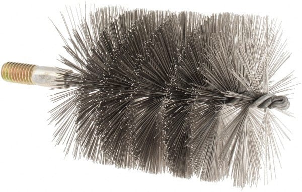 Value Collection - 3-1/2" Diam Helical Stainless Steel Tube Brush - 0.016" Filament Diam, 4-1/4" Brush Length, 7-1/2" OAL, 1/2-12 Male Shank - Exact Tooling
