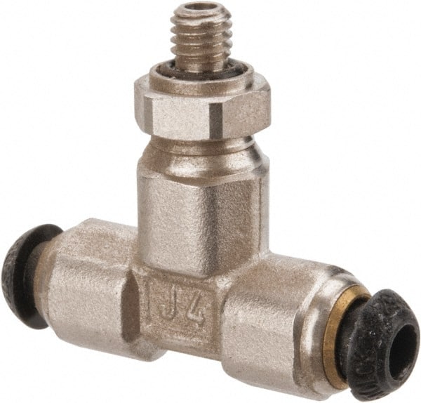 Parker - 4mm Outside Diam, M5x0.8 Metric, Nickel Plated Brass Push-to-Connect Tube Male Branch Tee - 300 Max psi, Tube to Metric Thread Connection - Exact Tooling