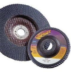 Norton - 40 Grit, 4-1/2" Disc Diam, 7/8" Center Hole, Type 27 Zirconia Alumina Flap Disc - 13,000 Max RPM, Fiberglass Backing, Arbor Attaching System, Coated - Exact Tooling