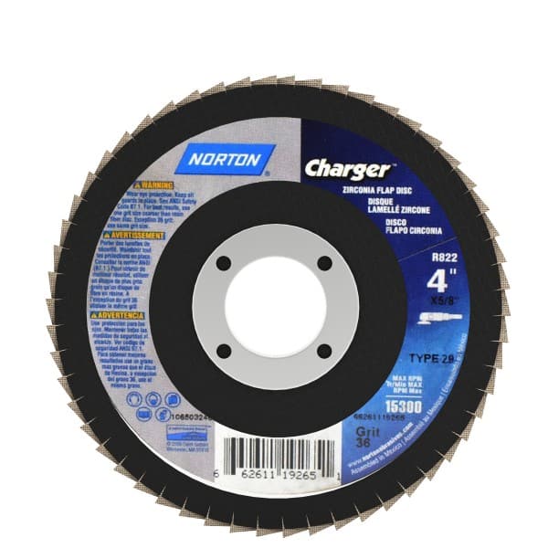 Norton - 36 Grit, 4" Disc Diam, 5/8" Center Hole, Type 29 Zirconia Alumina Flap Disc - 15,000 Max RPM, Fiberglass Backing, Arbor Attaching System, Coated - Exact Tooling