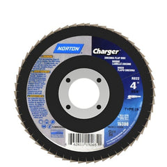 Norton - 36 Grit, 4" Disc Diam, 5/8" Center Hole, Type 29 Zirconia Alumina Flap Disc - 15,000 Max RPM, Fiberglass Backing, Arbor Attaching System, Coated - Exact Tooling