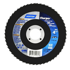 Norton - 40 Grit, 4-1/2" Disc Diam, 7/8" Center Hole, Type 29 Zirconia Alumina Flap Disc - 13,000 Max RPM, Fiberglass Backing, Arbor Attaching System, Coated - Exact Tooling