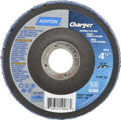 Norton - 60 Grit, 4-1/2" Disc Diam, 7/8" Center Hole, Type 29 Zirconia Alumina Flap Disc - 13,000 Max RPM, Fiberglass Backing, Arbor Attaching System, Coated - Exact Tooling