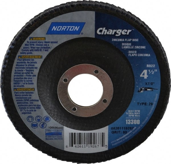 Norton - 80 Grit, 4-1/2" Disc Diam, 7/8" Center Hole, Type 29 Zirconia Alumina Flap Disc - 13,000 Max RPM, Fiberglass Backing, Arbor Attaching System, Coated - Exact Tooling