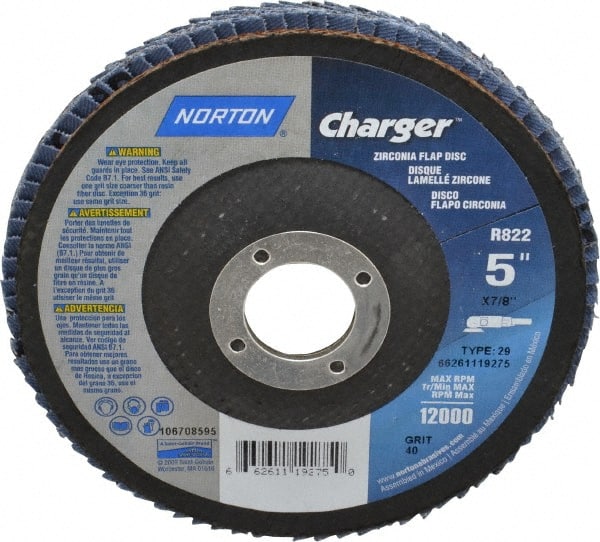 Norton - 40 Grit, 5" Disc Diam, 7/8" Center Hole, Type 29 Zirconia Alumina Flap Disc - 13,000 Max RPM, Fiberglass Backing, Coated - Exact Tooling