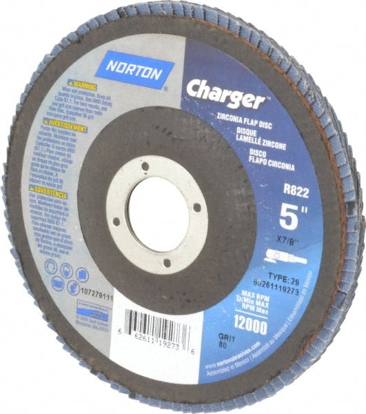 Norton - 80 Grit, 5" Disc Diam, 7/8" Center Hole, Type 29 Zirconia Alumina Flap Disc - 13,000 Max RPM, Fiberglass Backing, Coated - Exact Tooling