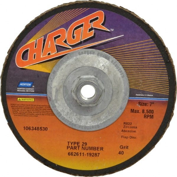 Norton - 40 Grit, 7" Disc Diam, 5/8-11 Center Hole, Type 29 Zirconia Alumina Flap Disc - 8,600 Max RPM, Fiberglass Backing, Coated - Exact Tooling