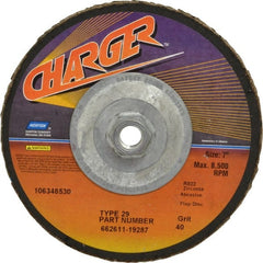 Norton - 40 Grit, 7" Disc Diam, 5/8-11 Center Hole, Type 29 Zirconia Alumina Flap Disc - 8,600 Max RPM, Fiberglass Backing, Coated - Exact Tooling