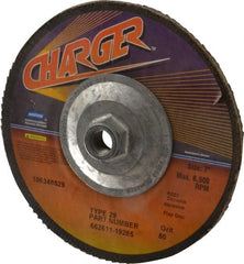 Norton - 80 Grit, 7" Disc Diam, 5/8-11 Center Hole, Type 29 Zirconia Alumina Flap Disc - 8,600 Max RPM, Fiberglass Backing, Coated - Exact Tooling