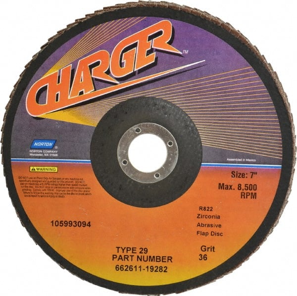 Norton - 36 Grit, 7" Disc Diam, 7/8" Center Hole, Type 29 Zirconia Alumina Flap Disc - 8,600 Max RPM, Fiberglass Backing, Coated - Exact Tooling