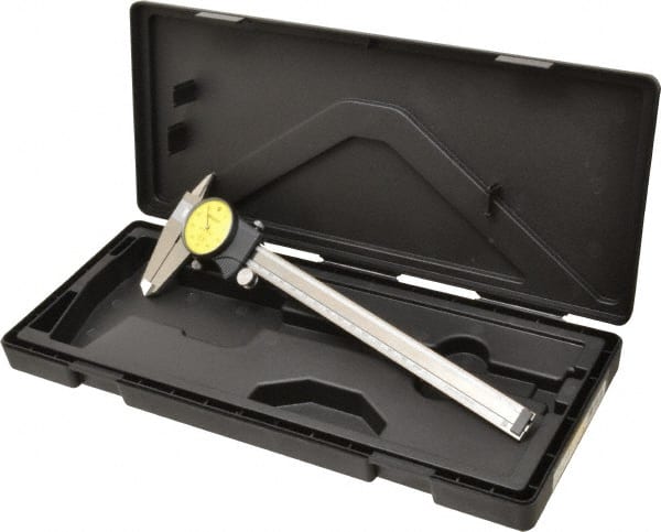 Mitutoyo - 0mm to 200mm Range, 0.01 mm Graduation, 1mm per Revolution, Dial Caliper - Yellow Face, 50mm Jaw Length, Accurate to 0.03mm - Exact Tooling
