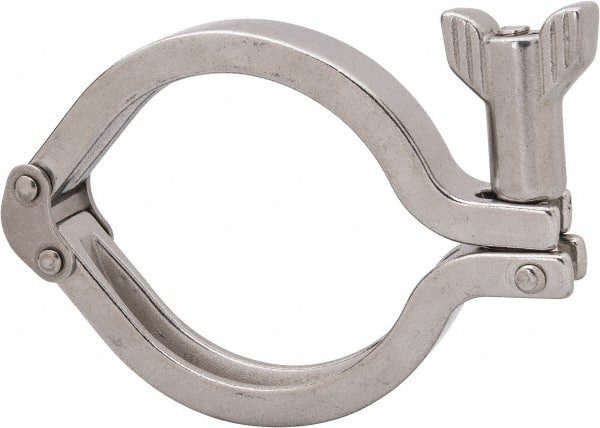 VNE - 2-1/2", Clamp Style, Sanitary Stainless Steel Pipe Double Hinged Clamp with Holed Wing Nut - Grade 304 - Exact Tooling