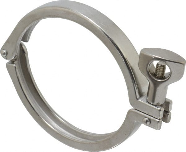 VNE - 4", Clamp Style, Sanitary Stainless Steel Pipe Clamp with Holed Wing Nut - Grade 304 - Exact Tooling