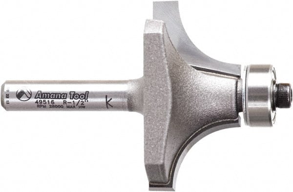 Amana Tool - 1-1/2" Cut Diam, 3/4" Length of Cut, 2 Flute Round-Over Edge Profile Router Bit - Carbide-Tipped, 1/4" Shank Diam, 2-1/4" OAL, Uncoated - Exact Tooling