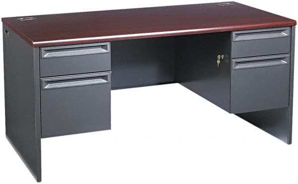Hon - Woodgrain Laminate/Metal Double Pedestal Desk - 60" Wide x 30" Deep x 29" High, Mahogany/Charcoal - Exact Tooling