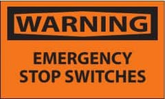NMC - Accident Prevention Label, Header: WARNING - Legend: Warning - Emergency Stop Switches, English, Black & Orange, 5" Long x 3" High, Sign Muscle Finish - Exact Tooling