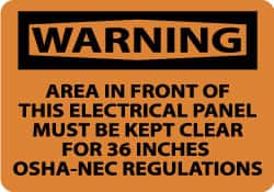 NMC - "Warning - Area in Front of This Electrical Panel Must Be Kept Clear for 36 Inches - OSHA-NEC Regulations", 10" Long x 14" Wide, Pressure-Sensitive Vinyl Safety Sign - Rectangle, 0.004" Thick, Use for Accident Prevention - Exact Tooling