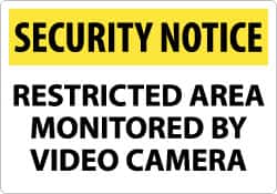 NMC - "Security Notice - Restricted Area Monitored by Video Camera", 14" Long x 20" Wide, Aluminum Safety Sign - Rectangle, 0.04" Thick, Use for Security & Admittance - Exact Tooling