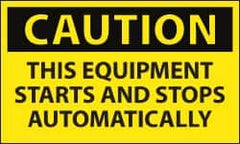NMC - Accident Prevention Label, Header: CAUTION - Legend: Caution - This Equipment Starts and Stops Automatically, English, Black & Yellow, 5" Long x 3" High, Sign Muscle Finish - Exact Tooling