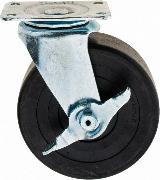 E.R. Wagner - 5" Diam x 2" Wide x 6" OAH Top Plate Mount Swivel Caster with Brake - Hard Rubber, 450 Lb Capacity, 2-3/4 x 3-3/4" Plate - Exact Tooling