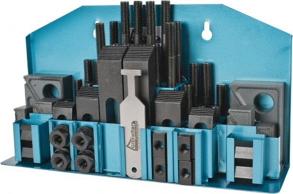 Gibraltar - 52 Piece Fixturing Step Block & Clamp Set with 1" Step Block, 9/16" T-Slot, 1/2-13 Stud Thread - 7/8" Nut Width, 3, 4, 5, 6, 7 & 8" Stud Lengths - Exact Tooling