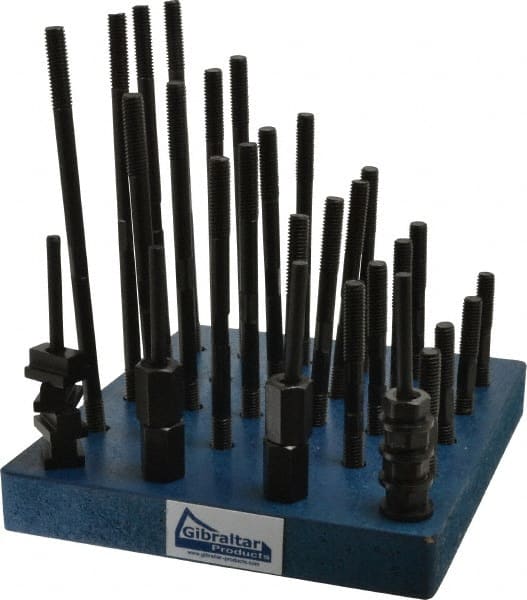 Gibraltar - 38 Piece, 3/8-16 Stud, 7/16" T Slot, T Nut & Stud Kit - 11/16" T-Slot Nut Width, 3, 4, 5, 6, 7, 8" Stud Lengths - Exact Tooling