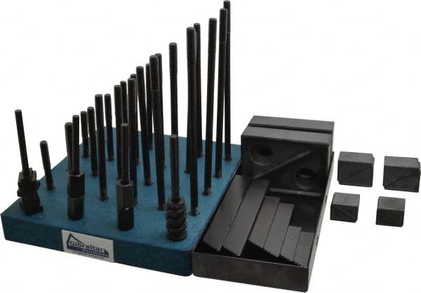 Gibraltar - 50 Piece Fixturing Step Block & Clamp Set with 1" Step Block, 3/8" T-Slot, 5/16-18 Stud Thread - 5/8" Nut Width, 3, 4, 5, 6, 7 & 8" Stud Lengths - Exact Tooling