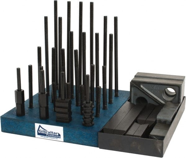 Gibraltar - 50 Piece Fixturing Step Block & Clamp Set with 1" Step Block, 7/16" T-Slot, 3/8-16 Stud Thread - 11/16" Nut Width, 3, 4, 5, 6, 7 & 8" Stud Lengths - Exact Tooling