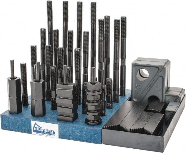 Gibraltar - 50 Piece Fixturing Step Block & Clamp Set with 1" Step Block, 5/8" T-Slot, 1/2-13 Stud Thread - 1" Nut Width, 3, 4, 5, 6, 7 & 8" Stud Lengths - Exact Tooling
