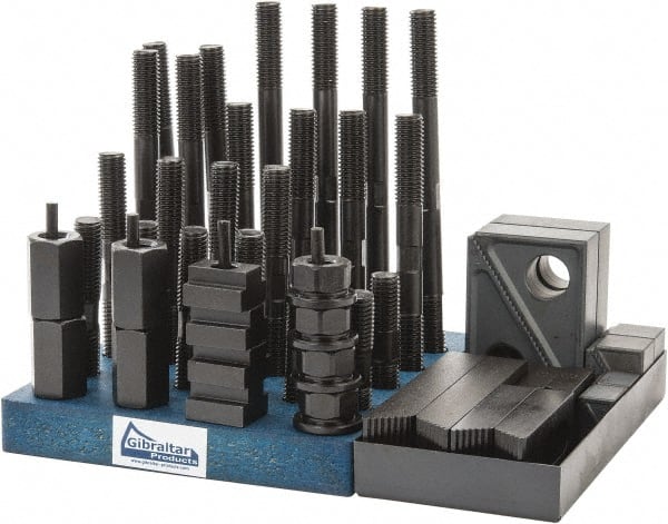 Gibraltar - 50 Piece Fixturing Step Block & Clamp Set with 1" Step Block, 11/16" T-Slot, 5/8-11 Stud Thread - 1-1/8" Nut Width, 3, 4, 5, 6, 7 & 8" Stud Lengths - Exact Tooling