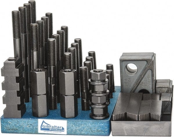 Gibraltar - 50 Piece Fixturing Step Block & Clamp Set with 1" Step Block, 13/16" T-Slot, 5/8-11 Stud Thread - 1-1/4" Nut Width, 3, 4, 5, 6, 7 & 8" Stud Lengths - Exact Tooling