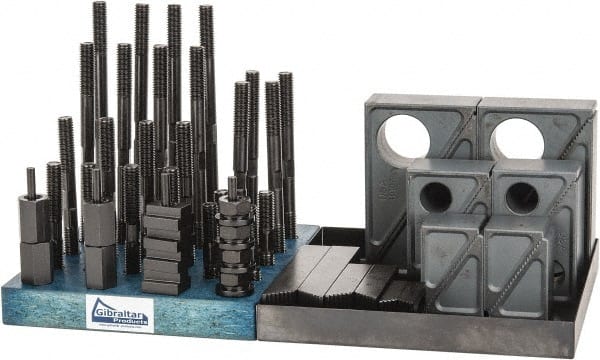 Gibraltar - 50 Piece Fixturing Step Block & Clamp Set with 1-1/2" Step Block, 5/8" T-Slot, 1/2-13 Stud Thread - 1" Nut Width, 3, 4, 5, 6, 7 & 8" Stud Lengths - Exact Tooling
