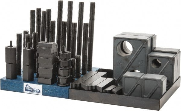 Gibraltar - 50 Piece Fixturing Step Block & Clamp Set with 1-1/2" Step Block, 13/16" T-Slot, 5/8-11 Stud Thread - 1-1/4" Nut Width, 3, 4, 5, 6, 7 & 8" Stud Lengths - Exact Tooling