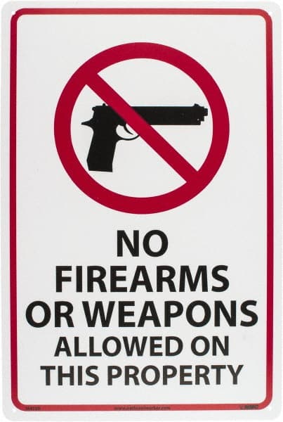 NMC - "No Firearms or Weapons Allowed On This Property", 18" Long x 12" Wide, Rigid Plastic Safety Sign - Rectangle, 0.05" Thick, Use for Security & Admittance - Exact Tooling