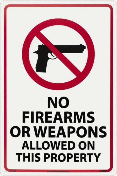 NMC - "No Firearms or Weapons Allowed On This Property", 18" Long x 12" Wide, Aluminum Safety Sign - Rectangle, 0.04" Thick, Use for Security & Admittance - Exact Tooling