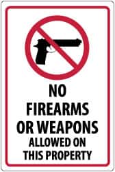 NMC - "No Firearms or Weapons Allowed On This Property", 18" Long x 12" Wide, Pressure-Sensitive Vinyl Safety Sign - Rectangle, 0.004" Thick, Use for Security & Admittance - Exact Tooling