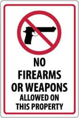 NMC - "No Firearms or Weapons Allowed On This Property", 18" Long x 12" Wide, Pressure-Sensitive Vinyl Safety Sign - Rectangle, 0.004" Thick, Use for Security & Admittance - Exact Tooling