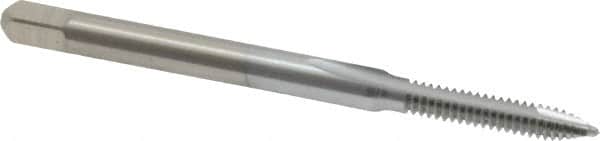 Made in USA - #4-40 UNC, 2 Flute, Chrome Finish, High Speed Steel Spiral Point Tap - Plug Chamfer, Right Hand Thread, 1-7/8" OAL, 9/16" Thread Length, 0.141" Shank Diam - Exact Tooling