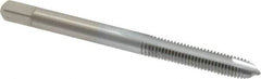 Made in USA - #10-32 UNF, 2 Flute, Chrome Finish, High Speed Steel Spiral Point Tap - Plug Chamfer, Right Hand Thread, 2-3/8" OAL, 7/8" Thread Length, 0.194" Shank Diam - Exact Tooling