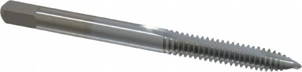 Made in USA - #10-24 UNC, 2 Flute, Chrome Finish, High Speed Steel Spiral Point Tap - Plug Chamfer, Right Hand Thread, 2-3/8" OAL, 7/8" Thread Length, 0.194" Shank Diam, 2B/3B Class of Fit - Exact Tooling