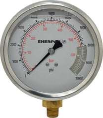 Enerpac - 0 to 10,000 psi Pressure Rating, 1/4 NPTF Gauge Connection, Hydraulic Pressure Liquid Filled Gage - 4" Face Diam - Exact Tooling