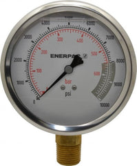Enerpac - 0 to 10,000 psi Pressure Rating, 1/2 NPTF Gauge Connection, Hydraulic Pressure Liquid Filled Gage - 4" Face Diam - Exact Tooling