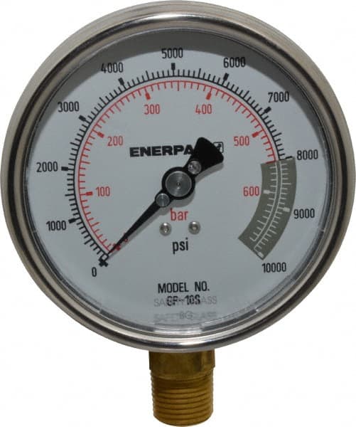 Enerpac - 0 to 10,000 psi Pressure Rating, 1/2 NPTF Gauge Connection, Hydraulic Pressure Dry Gage - 4" Face Diam - Exact Tooling